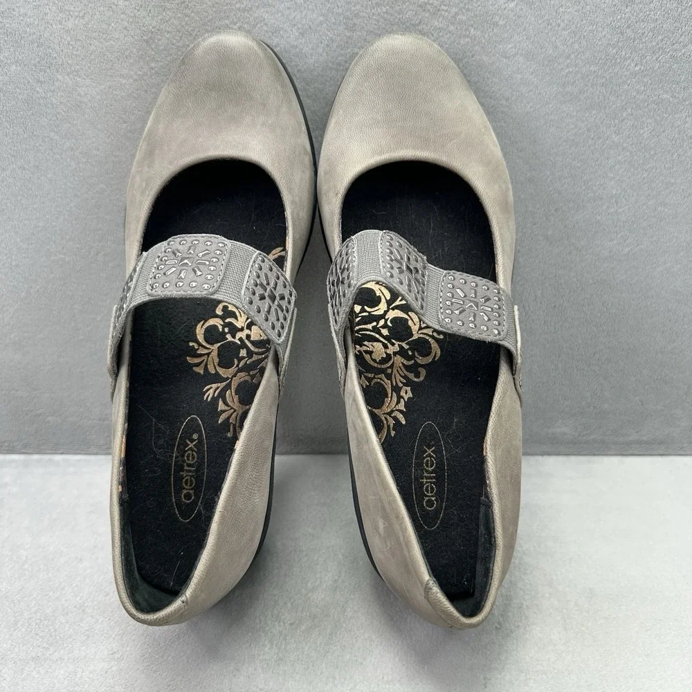 Womens 7.5-8 Aetrex Mia Mary Jane Gray Leather Wedge Arch Support Comfort Shoe‎